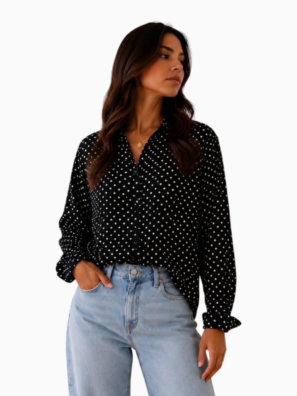 NWT T TAHARI WOMEN'S BLACK WHITE POLKA DOT BUTTON FRONT BLOUSE SIZE M - Picture 1 of 4